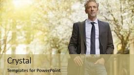  Presentation with city street - Beautiful presentation featuring corporate eco friendly - handsome businessman standing in city backdrop and a yellow colored foreground