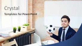  Presentation with corporate - Slide deck consisting of corporate employee with soccer ball sitting by workplace in front of laptop background and a lemonade colored foreground