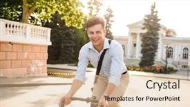  Presentation with city street - Amazing slide deck having corporate environmental management - cheerful young stylish man dressed backdrop and a lemonade colored foreground