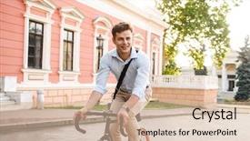  Presentation with city street - Slide set featuring corporate environmental management - handsome young stylish man dressed background and a soft green colored foreground