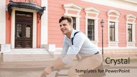 Presentation with city street - Audience pleasing PPT layouts consisting of corporate environmental management - happy young stylish man dressed backdrop and a coral colored foreground