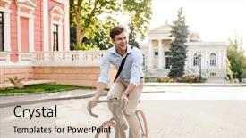  Presentation with city street - Beautiful slide deck featuring corporate environmental management - satisfied young stylish man dressed backdrop and a lemonade colored foreground