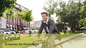  Presentation with bicycle generator - PPT theme with corporate environmental management - smiling young businessman riding background and a yellow colored foreground