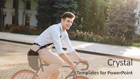  Presentation with bicycle - Colorful slide set enhanced with corporate environmental management - smiling young stylish man dressed backdrop and a soft green colored foreground