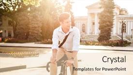  Presentation with gold man smile - Cool new slide deck with corporate environmental management - smiling young stylish man dressed backdrop and a lemonade colored foreground