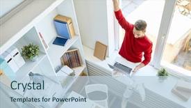  Presentation with chat - Cool new theme with corporate excellence - young man in smart casualwear backdrop and a light blue colored foreground