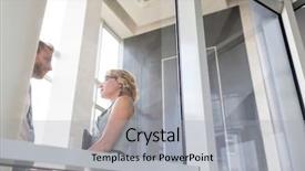  Presentation with seeing through fog - PPT theme with corporate family day - businesswoman talking with young businessman background and a light gray colored foreground