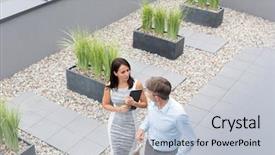  Presentation with low angle view of fictitious - Audience pleasing presentation theme consisting of corporate family day - high angle view of businesswoman backdrop and a light blue colored foreground