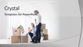  Presentation with new office - Presentation design featuring corporate family day - mature businessman talking to young background and a white colored foreground