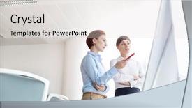  Presentation with whiteboard - Amazing slide set having corporate family day - young businesswoman discussing with colleague backdrop and a light gray colored foreground