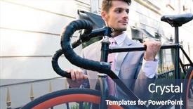  Presentation with happy birthday bicycle - PPT theme with corporate fitness - happy businessman carrying his bicycle background and a ocean colored foreground