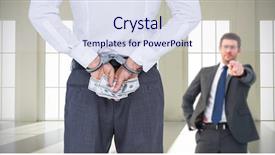  Presentation with bribe - Slide deck with corporate fraud - businessman in handcuffs holding bribe background and a sky blue colored foreground