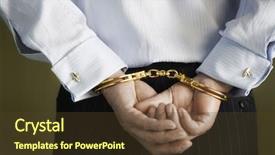  Presentation with cuffed - Presentation design with corporate fraud - closeup midsection of a businessman background and a tawny brown colored foreground