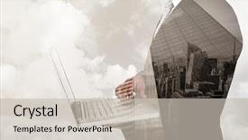  Presentation with corporate - Presentation design consisting of corporate giants - businessman holding laptop against low background and a soft green colored foreground