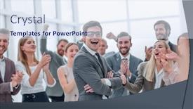  Presentation with employees - Slide set enhanced with corporate group of employees congratulating each other on the victory background and a sky blue colored foreground