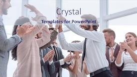  Presentation with corporate - Presentation design featuring corporate-group-of-employees-congratulating background and a sky blue colored foreground