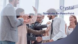  Presentation with corporate - Cool new PPT theme with corporate-group-of-employees-congratulating backdrop and a sky blue colored foreground