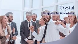  Presentation with employees - Slide set enhanced with corporate-group-of-employees-congratulating background and a sky blue colored foreground