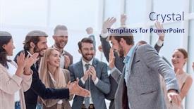  Presentation with employees - Audience pleasing presentation design consisting of corporate-group-of-employees-congratulating backdrop and a sky blue colored foreground