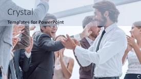  Presentation with employees - Colorful presentation design enhanced with corporate-group-of-employees-congratulating backdrop and a light blue colored foreground