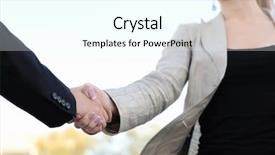  Presentation with women meeting - Presentation design consisting of corporate handshake woman man - business men and women shaking background and a cool aqua colored foreground