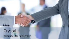  Presentation with hands and word volunteer - Colorful presentation design enhanced with corporate handshake woman man - businessman shaking hands backdrop and a seafoam green colored foreground