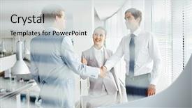  Presentation with employees - Cool new PPT theme with corporate handshake woman man - group of employees talking backdrop and a  colored foreground
