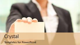  Presentation with business card - Slides enhanced with corporate identity - business woman holding business card background and a coral colored foreground