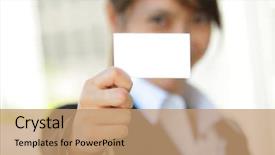  Presentation with business card - Slides having corporate identity - business woman with business card background and a coral colored foreground