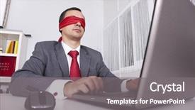  Presentation with laptop - Cool new slides with corporate job lost - blindfold businessman at the office backdrop and a gray colored foreground