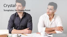  Presentation with two men on a judo - Beautiful presentation design featuring corporate job lost - two pensive young men sitting backdrop and a light gray colored foreground