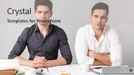  Presentation with two men on a judo - Colorful presentation enhanced with corporate job lost - two serious young men sitting backdrop and a soft green colored foreground