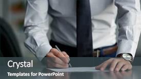  Presentation with destruction documents - PPT theme enhanced with corporate law - businessman signing documents background and a dark gray colored foreground