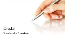  Presentation with pen - PPT layouts enhanced with corporate law - hand and pen background and a white colored foreground