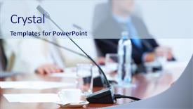  Presentation with conference table - Amazing slides having corporate meeting - image of microphone standing backdrop and a sky blue colored foreground