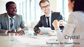  Presentation with ideas - Cool new PPT theme with corporate meeting - smiling colleagues discussing working ideas backdrop and a light gray colored foreground