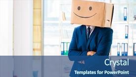  Presentation with personality - PPT layouts with corporate personality - happy man with box instead background and a ocean colored foreground