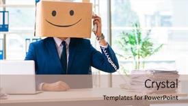  Presentation with personality - Colorful slides enhanced with corporate personality - happy man with box instead backdrop and a  colored foreground