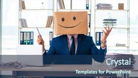  Presentation with personality - Beautiful PPT layouts featuring corporate personality - happy man with box instead backdrop and a navy blue colored foreground