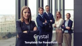  Presentation with film - Presentation design with corporate portrait of young business woman with her colleagues in background post processed with vintage film and sun filter background and a wine colored foreground