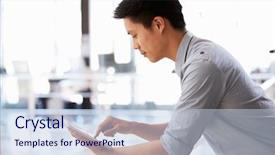  Presentation with man relaxing on massage table - Slide set enhanced with corporate profile - portrait of young man using background and a light blue colored foreground