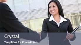  Presentation with shaking hands - Colorful presentation theme enhanced with corporate real estate - beautiful young asian business woman backdrop and a dark gray colored foreground