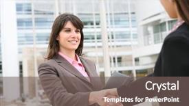  Presentation with shaking hands - Colorful slide deck enhanced with corporate real estate - beautiful young business woman shaking backdrop and a gray colored foreground