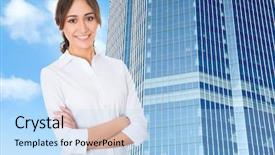  Presentation with modern - Colorful PPT layouts enhanced with corporate real estate - beautiful young businesswoman backdrop and a  colored foreground