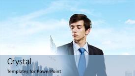  Presentation with city - Beautiful theme featuring corporate real estate - handsome businessman holding model backdrop and a light blue colored foreground