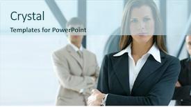  Presentation with team - Presentation theme having corporate relations - business team over modern office background and a sky blue colored foreground