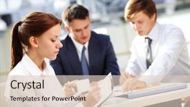  Presentation with meeting minute - Cool new presentation theme with corporate responsibility environment - young secretary keeping minutes backdrop and a lemonade colored foreground