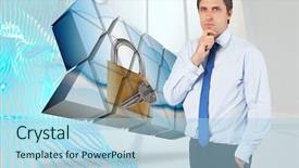  Presentation with abstract blue white - PPT theme consisting of corporate security - thinking businessman touching his chin background and a  colored foreground