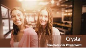  Presentation with women safety against harrasment - Theme having corporate spa - 2 smiling women are posing background and a tawny brown colored foreground