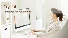  Presentation with monitor computer - Presentation design with corporate spa - elegant businesswoman with cloth facial background and a sky blue colored foreground